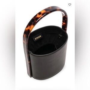 Elegant Black smooth Leather STAUD Bissette Bucket Shoulder Bag tortoise handle